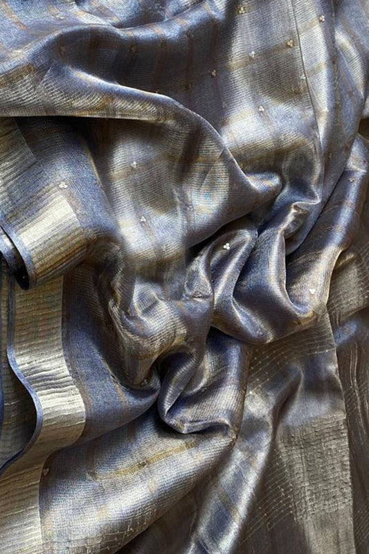 Elegant Blue Tussar Tissue Silk Checkard Design Handloom Bhagalpur Saree - Luxurion World