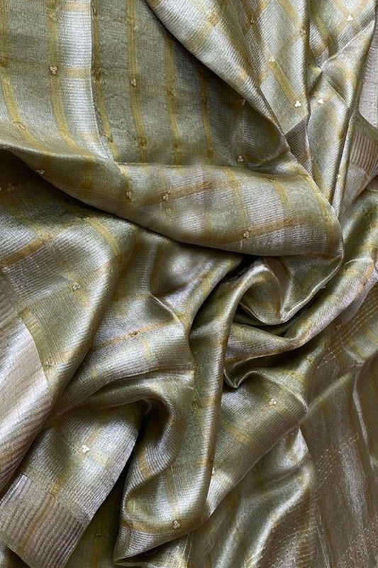 Green Tussar Tissue Silk Checkard Design Handloom Bhagalpur Saree - Luxurion World