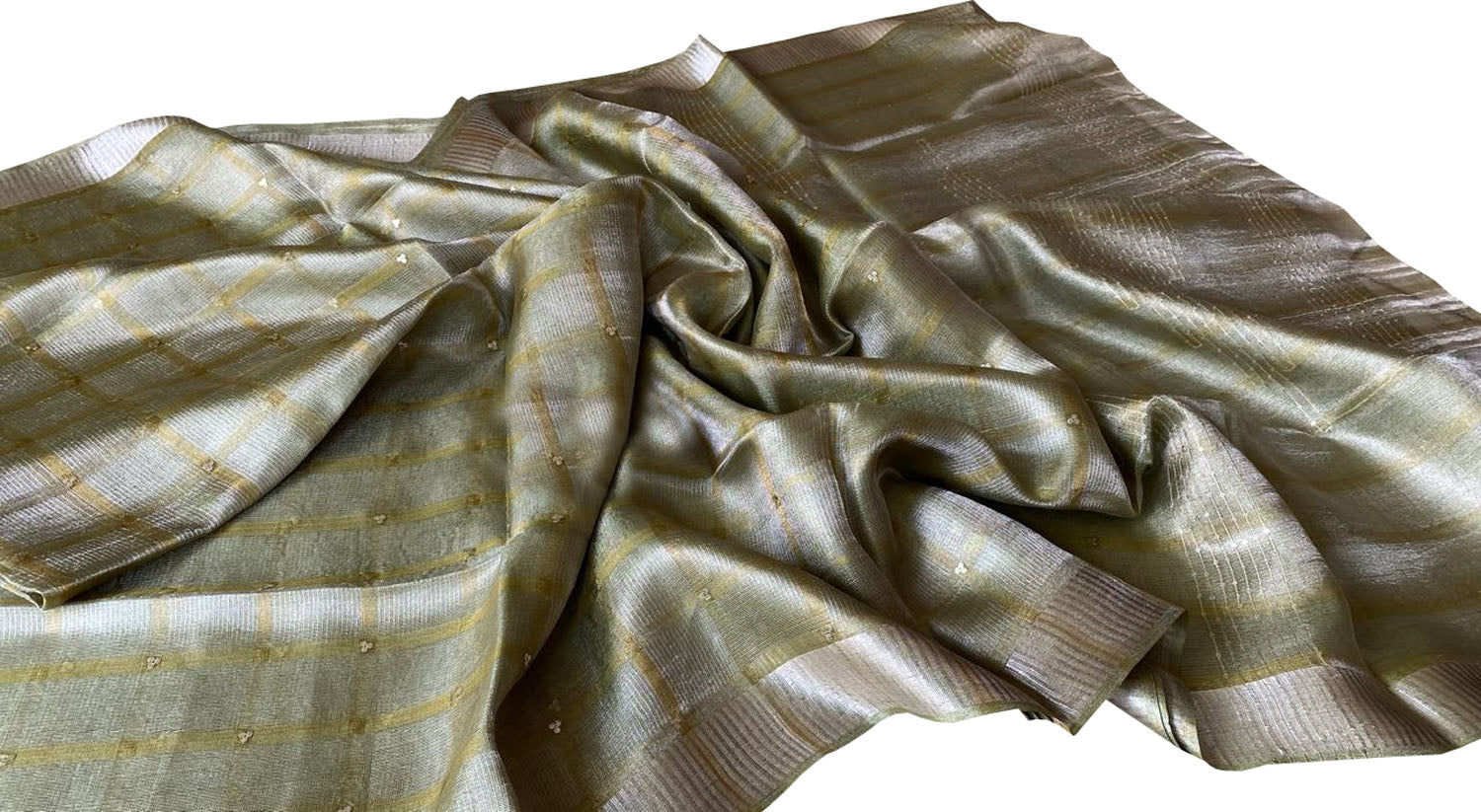 Green Tussar Tissue Silk Checkard Design Handloom Bhagalpur Saree - Luxurion World
