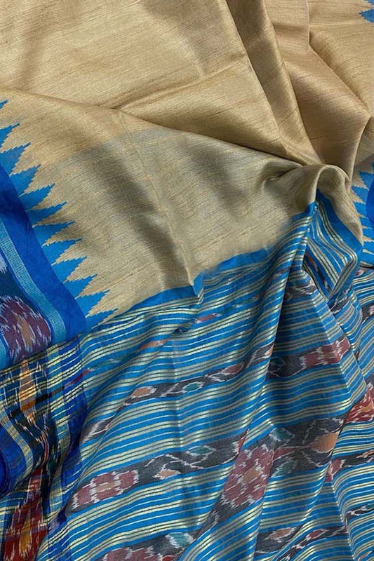Pastel Pure Tussar Silk Ikat Border Saree