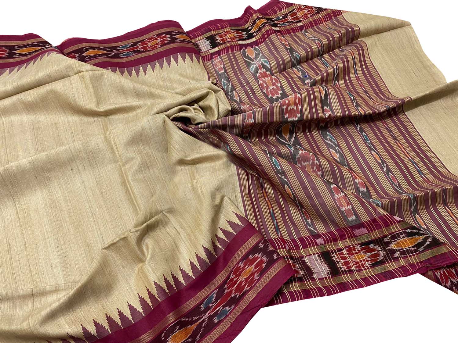 Pastel Tussar Silk Ikat Saree with Weaved Border - Luxurion World