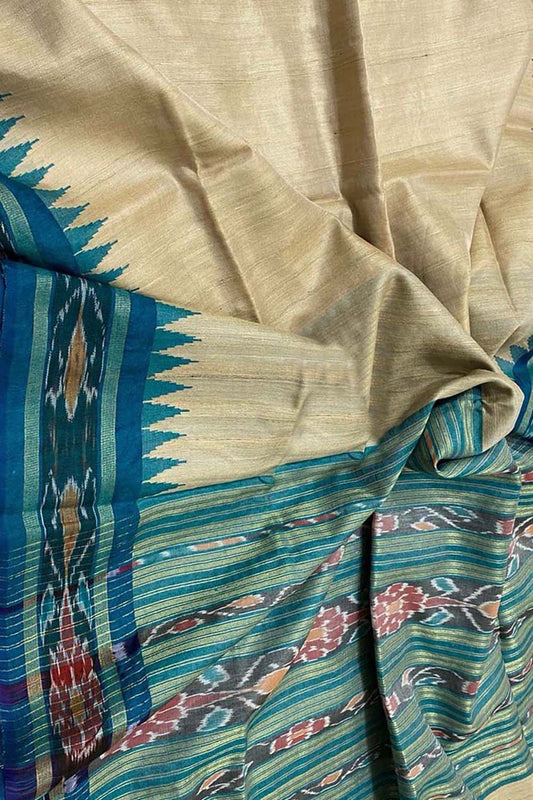 Pastel Pure Tussar Silk Ikat Border Saree