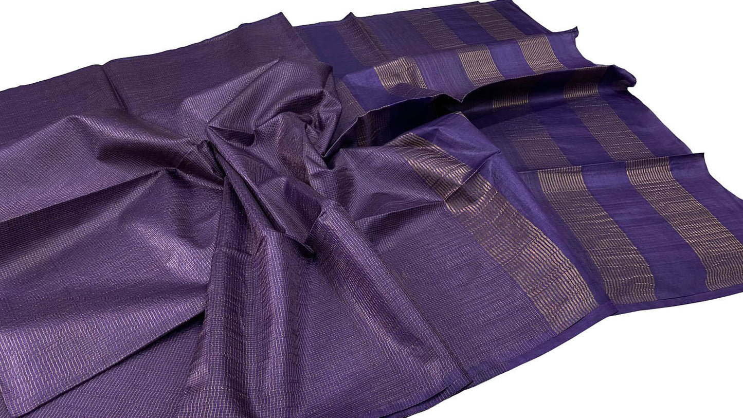 Elegant Purple Bhagalpur Tussar Tissue Checks Saree - Luxurion World