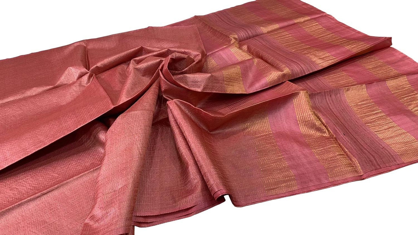 Stunning Pink Bhagalpur Tussar Tissue Checks Saree - Luxurion World