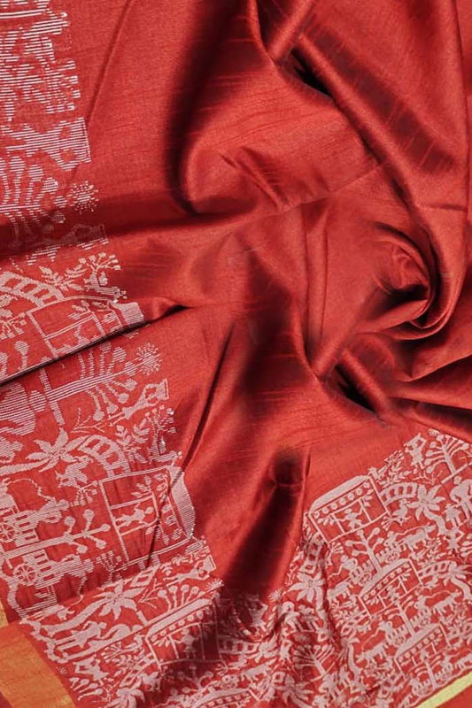 Vibrant Red Chattisgarh Handloom Silk Saree - Luxurion World