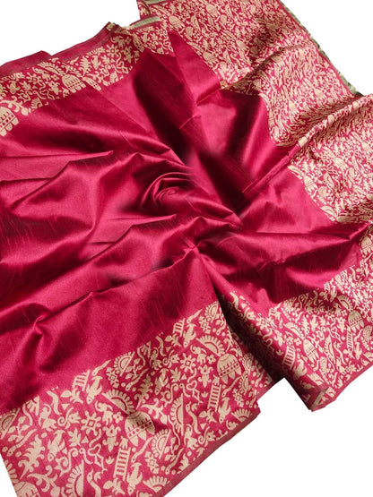 Chic Pink Chattisgarh Handloom Semi Raw Silk Saree - Luxurion World