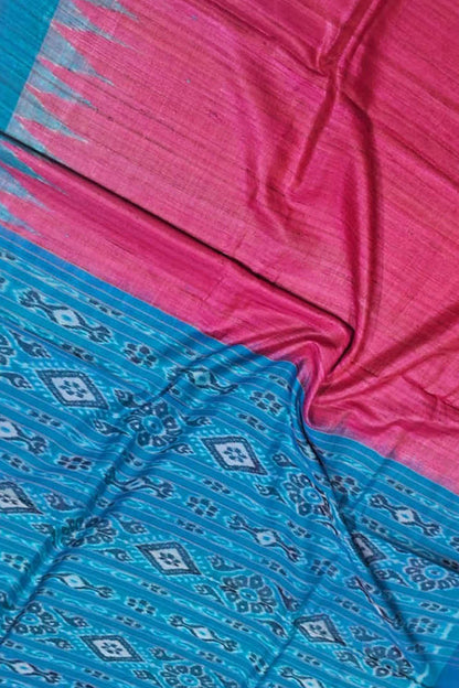 Pink Bhagalpur Handloom Tussar Ghicha Silk Ikat Saree - Luxurion World