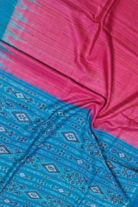 Pink Bhagalpur Handloom Tussar Ghicha Silk Ikat Saree - Luxurion World
