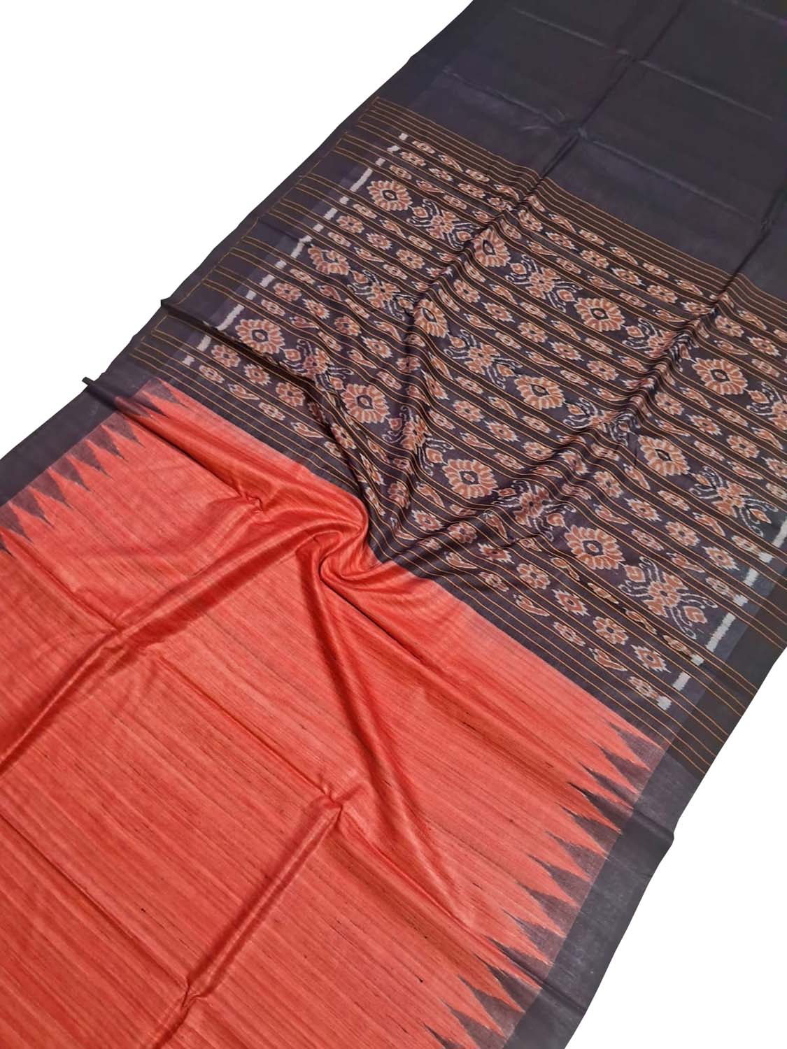 Red Bhagalpur Handloom Tussar Ghicha Silk Ikat Saree - Luxurion World