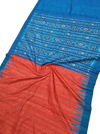 Red Bhagalpur Handloom Tussar Ghicha Silk Ikat Saree - Luxurion World