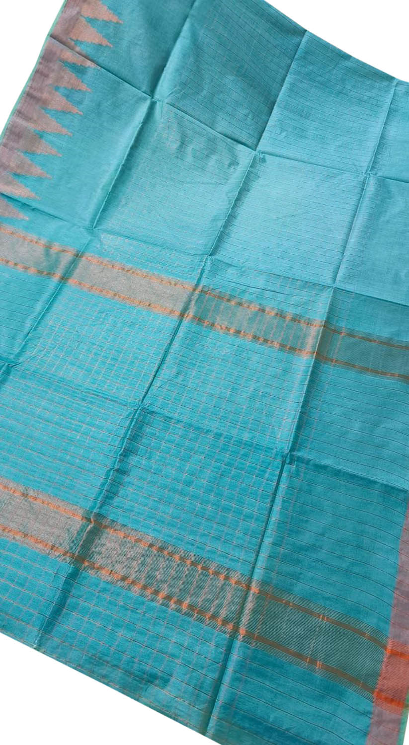 Blue Bhagalpur Handloom Kota Cotton Temple Border Saree - Luxurion World