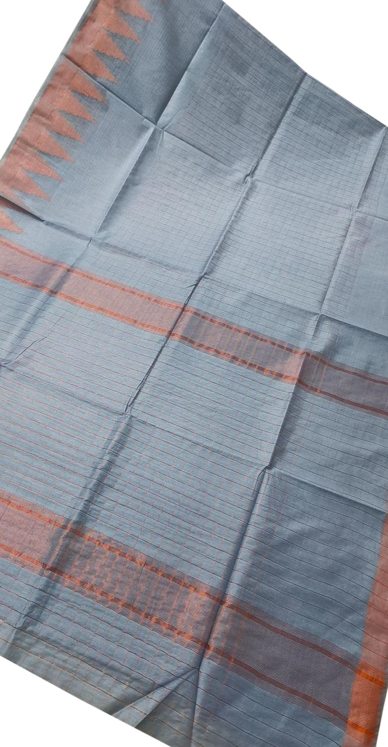 Grey Bhagalpur Handloom Kota Cotton Temple Border Saree - Luxurion World