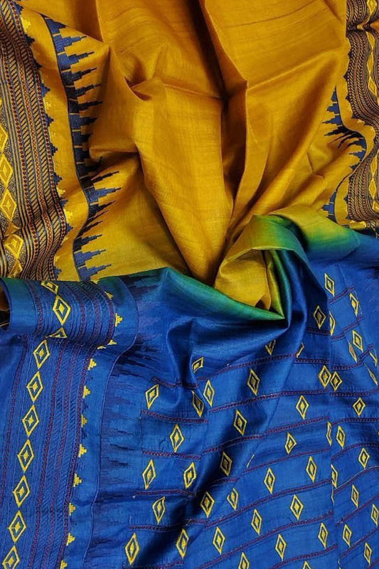 Stunning Yellow Moonga Tussar Silk Embroidered Saree