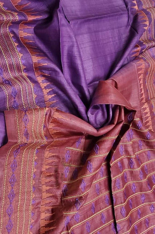 Elegant Purple Moonga Tussar Silk Embroidered Saree