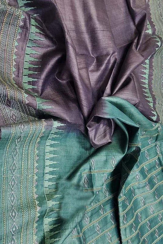Elegant Purple Moonga Tussar Silk Embroidered Saree - Luxurion World
