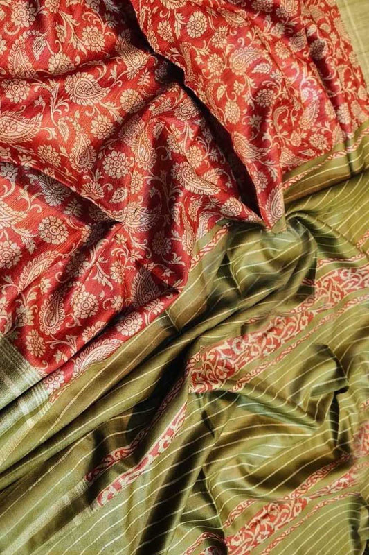 Red Bhagalpur Pure Ghicha Tussar Silk Saree - Luxurion World