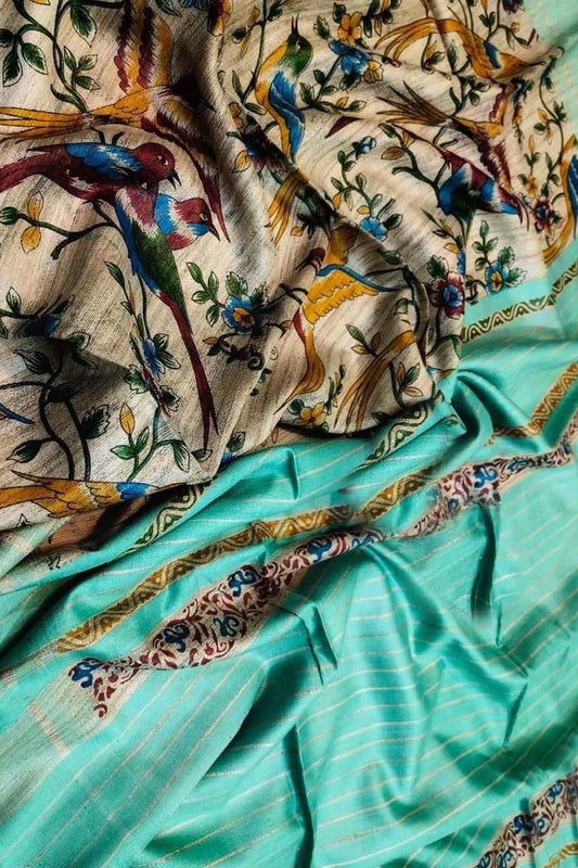 Pastel Ghicha Tussar Silk Block Printed Saree - Luxurion World