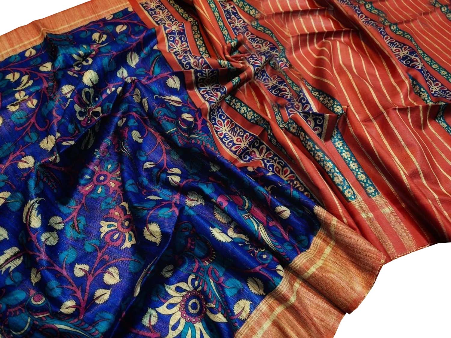 Elegant Blue Ghicha Tussar Silk Block Printed Saree - Luxurion World