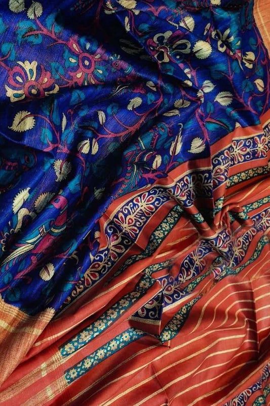 Elegant Blue Ghicha Tussar Silk Block Printed Saree