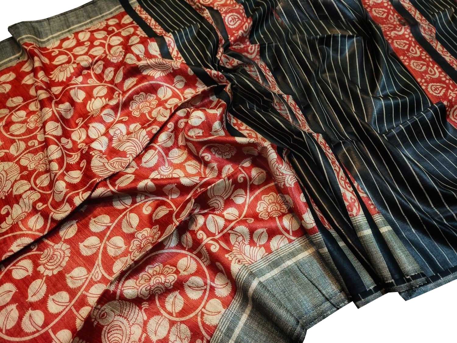 Red Bhagalpur Pure Ghicha Tussar Silk Block Printed Saree - Luxurion World