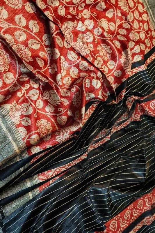 Red Bhagalpur Pure Ghicha Tussar Silk Block Printed Saree - Luxurion World