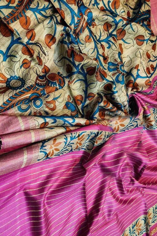 Pastel Ghicha Tussar Silk Saree with Block Print - Luxurion World