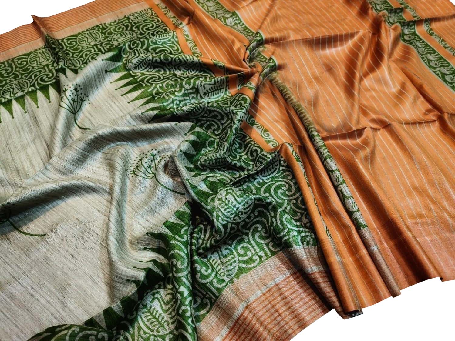 Elegant Grey Bhagalpur Silk Block Printed Saree - Luxurion World