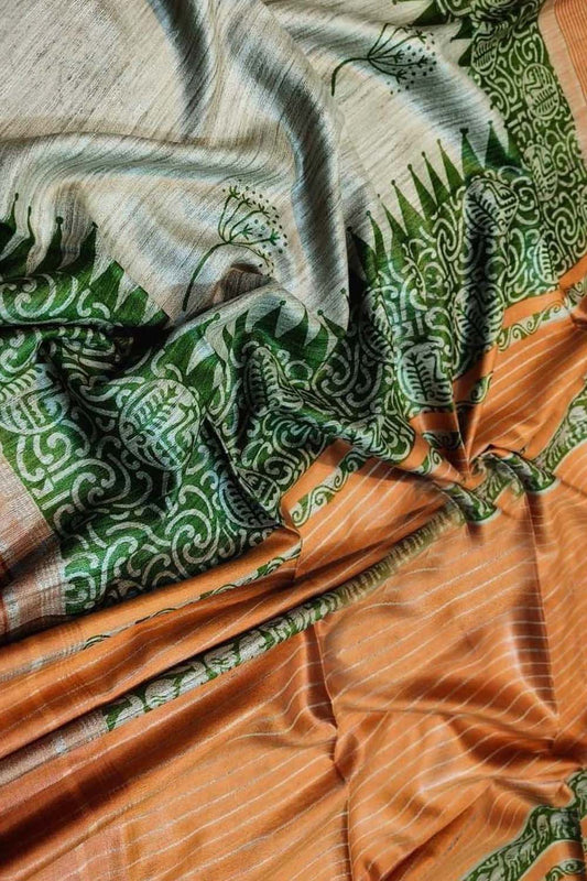 Elegant Grey Bhagalpur Silk Block Printed Saree - Luxurion World