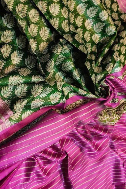 Green Bhagalpur Pure Ghicha Tussar Silk Saree - Luxurion World