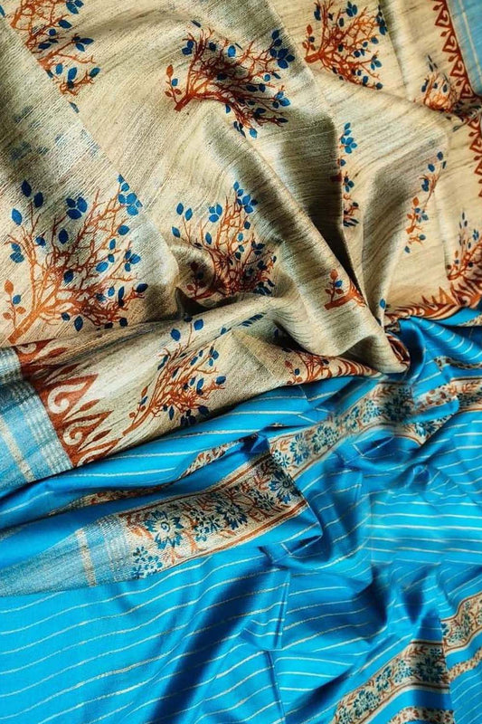 Elegant Pastel Ghicha Tussar Silk Saree with Block Print