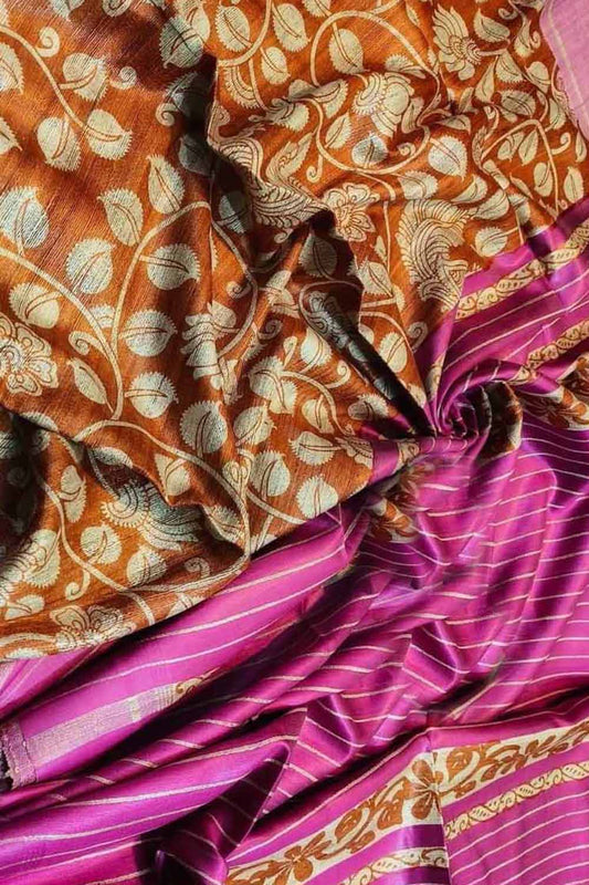 Orange Bhagalpur Ghicha Tussar Silk Block Printed Saree - Luxurion World