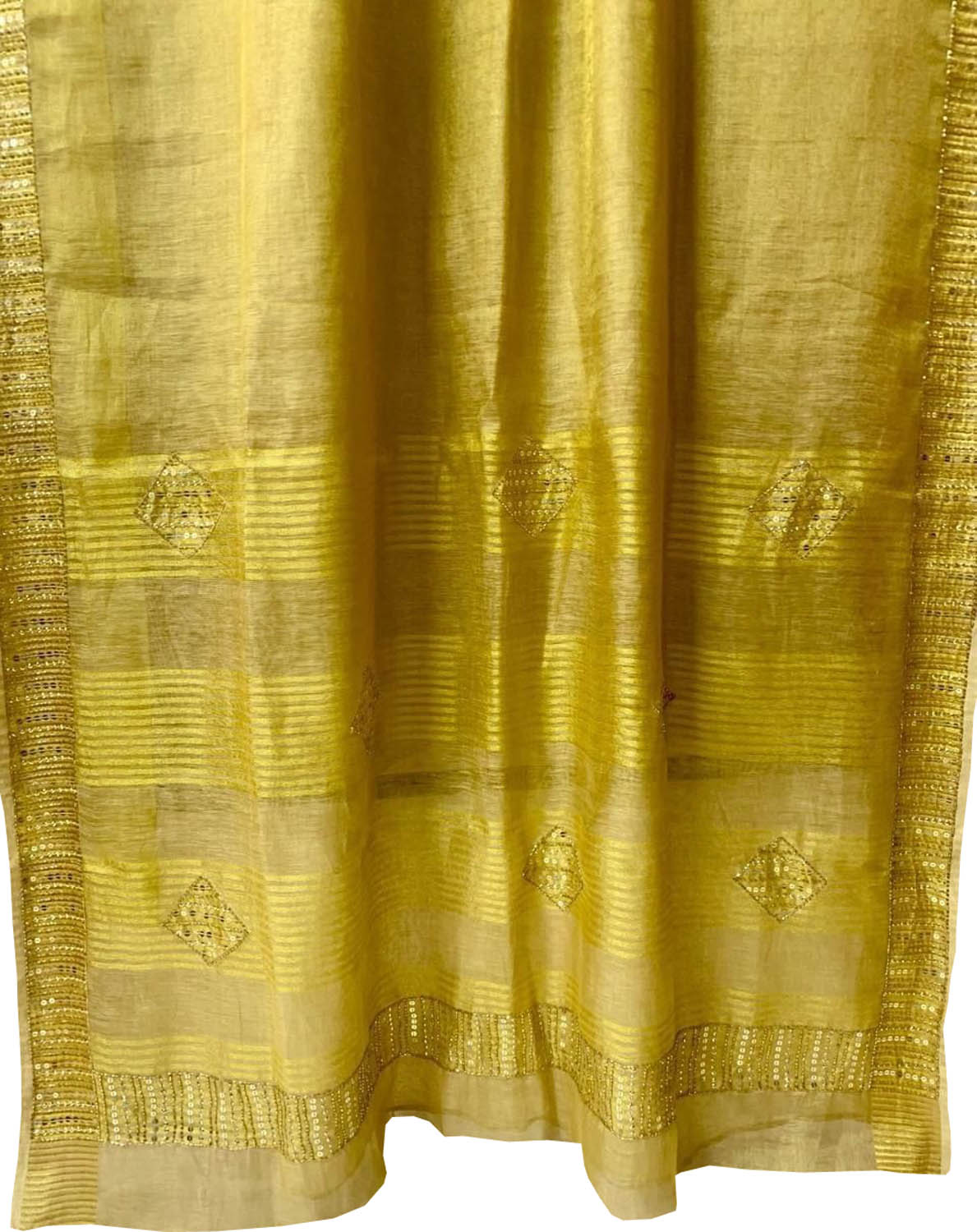 Golden Bhagalpur Linen Saree: Sequins & Cut Dana Work - Luxurion World