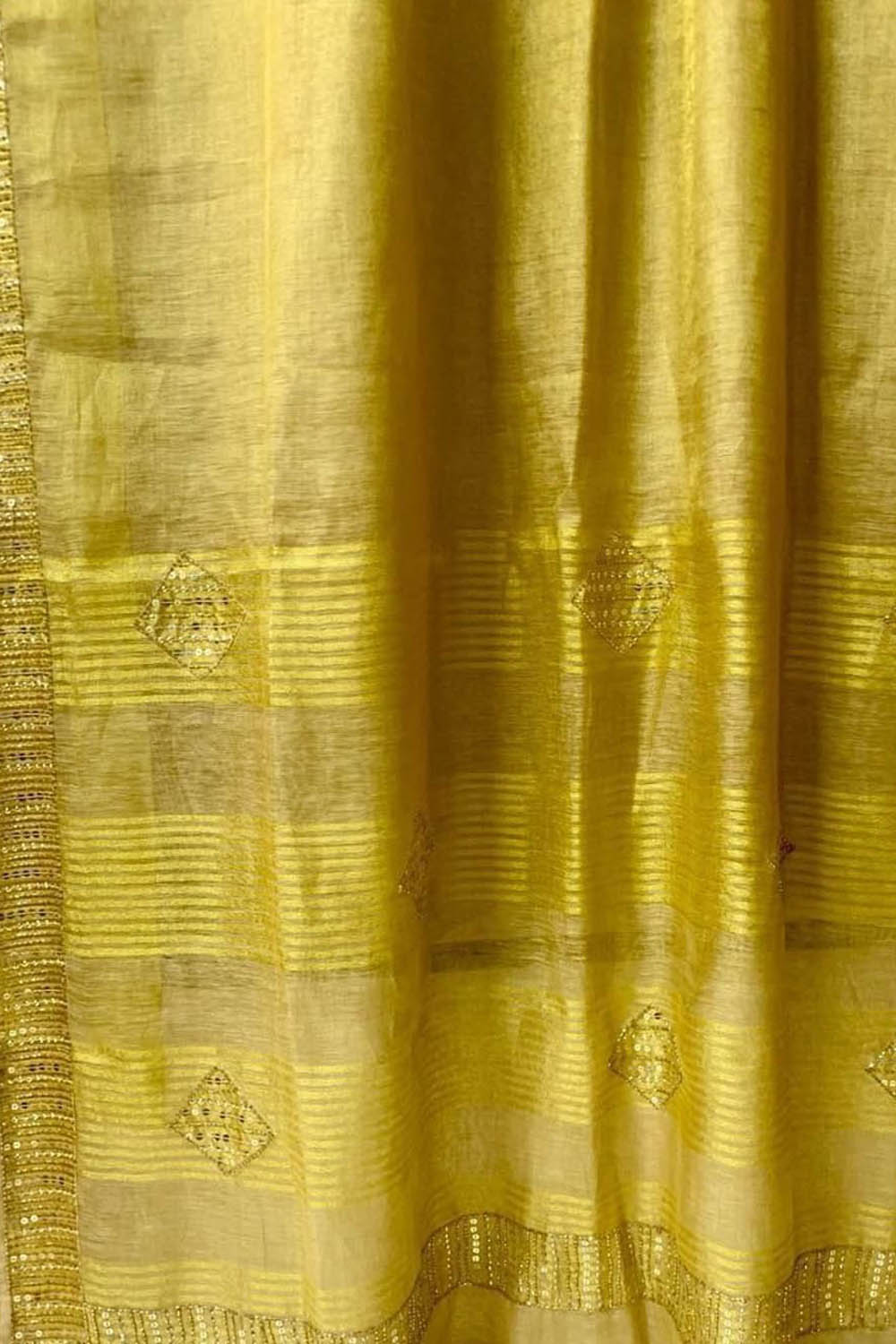 Golden Bhagalpur Linen Saree: Sequins & Cut Dana Work - Luxurion World