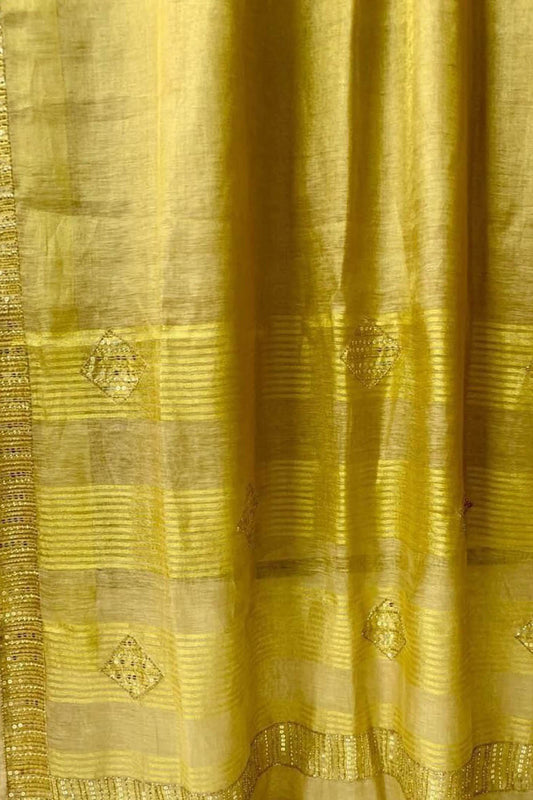 Golden Bhagalpur Linen Saree: Sequins & Cut Dana Work