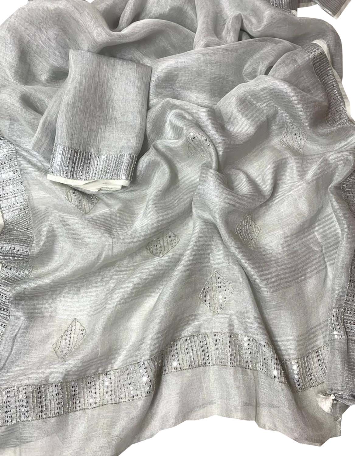 Elegant Silver Linen Saree with Sequins & Cut Dana Work - Luxurion World