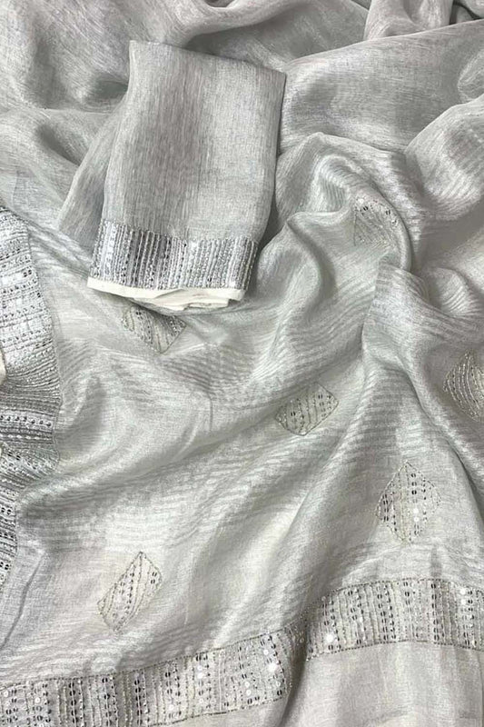 Elegant Silver Linen Saree with Sequins & Cut Dana Work