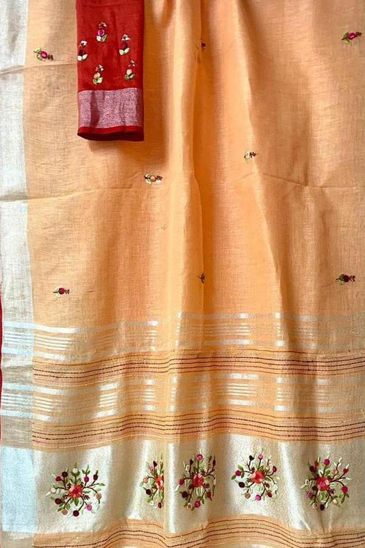 Orange And Red Pure Linen French Knot Embroidered Saree