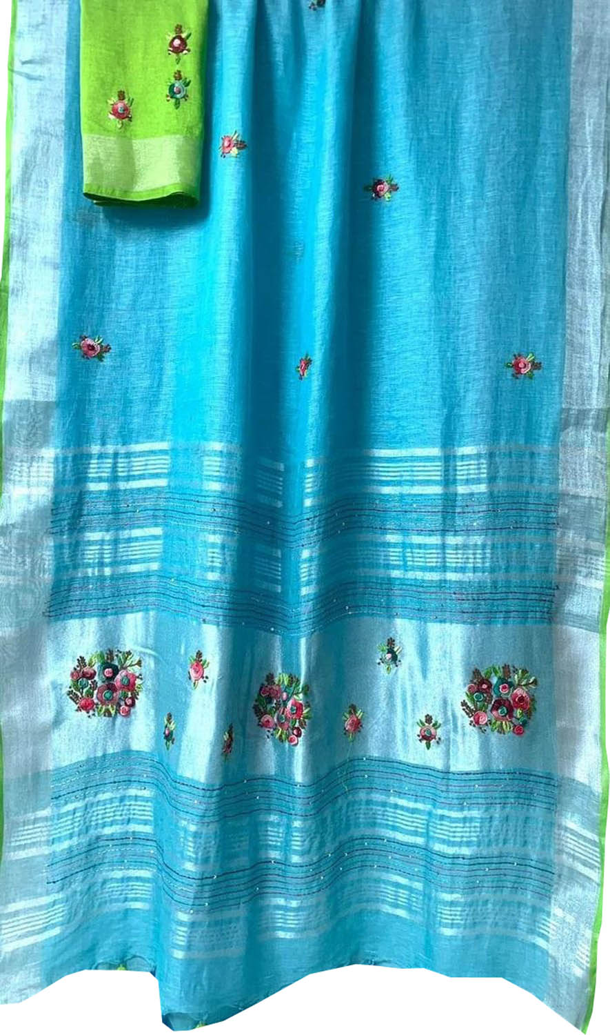 Blue And Green Pure Linen French Knot Embroidered Saree - Luxurion World