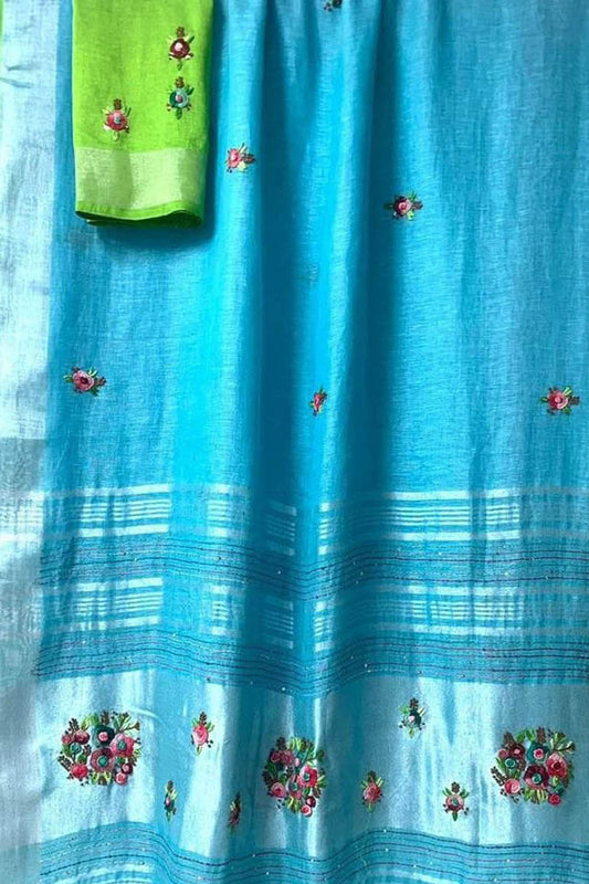 Blue And Green Pure Linen French Knot Embroidered Saree - Luxurion World