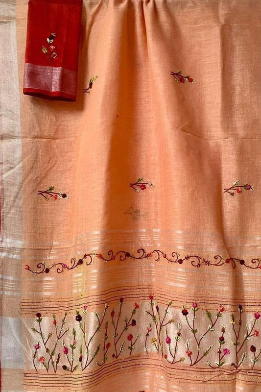 Orange And Red Pure Linen French Knot Embroidered Saree