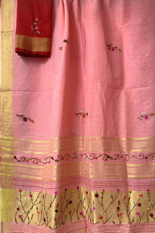 Pink And Red Pure Linen French Knot Embroidered Saree
