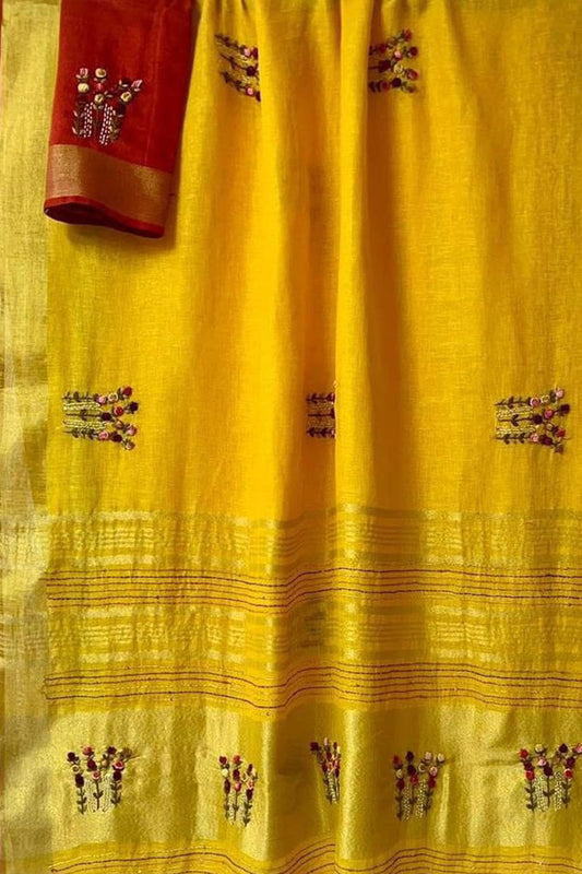 Yellow And Red Pure Linen French Knot Embroidered Saree - Luxurion World