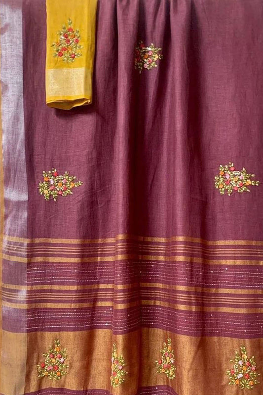 Maroon And Yellow Pure Linen French Knot Embroidered Saree