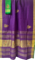Purple And Green Pure Linen French Knot Embroidered Saree - Luxurion World