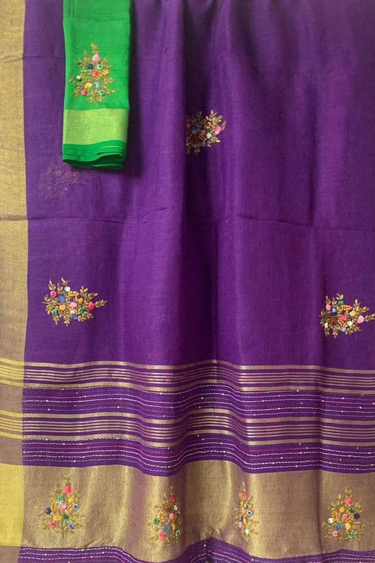Purple And Green Pure Linen French Knot Embroidered Saree - Luxurion World