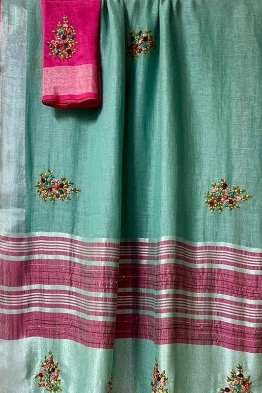 Green And Pink Pure Linen French Knot Embroidered Saree - Luxurion World