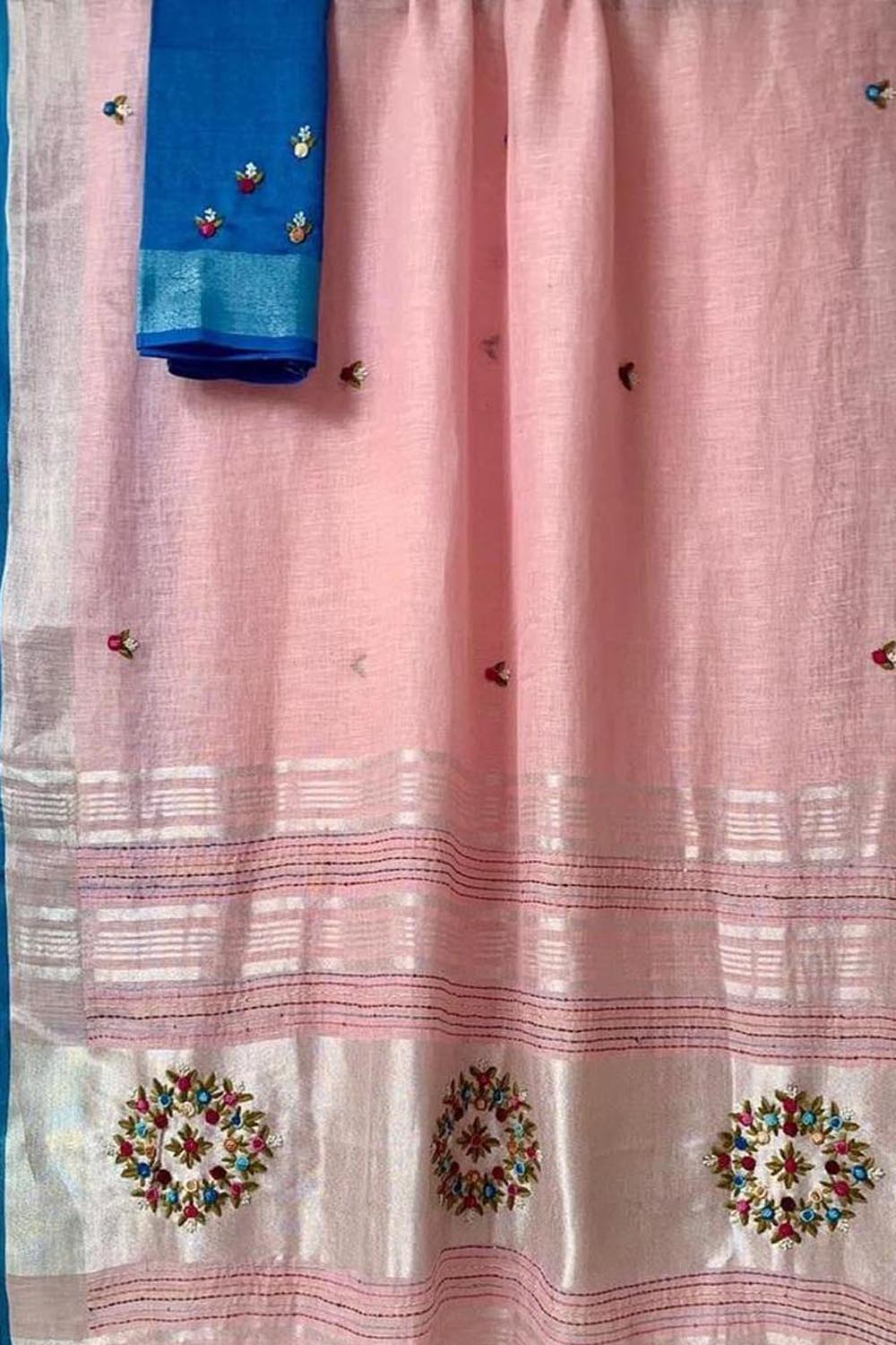Pink And Blue Pure Linen French Knot Embroidered Saree - Luxurion World