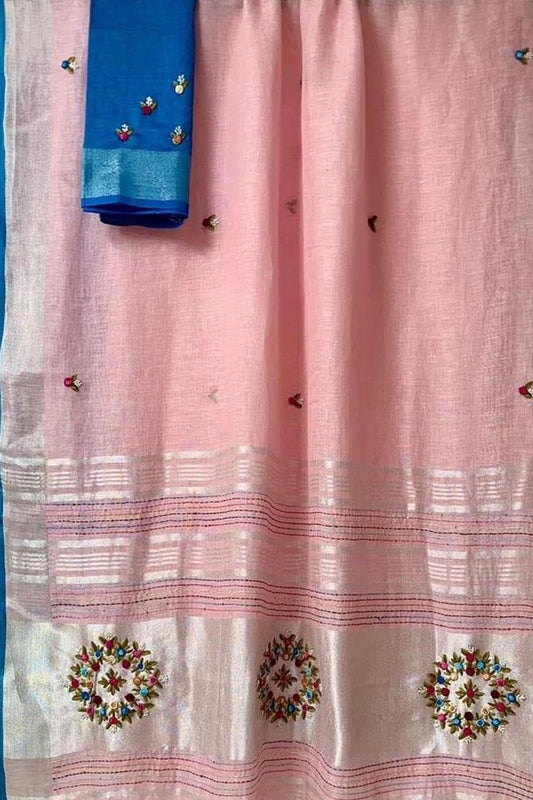 Pink And Blue Pure Linen French Knot Embroidered Saree