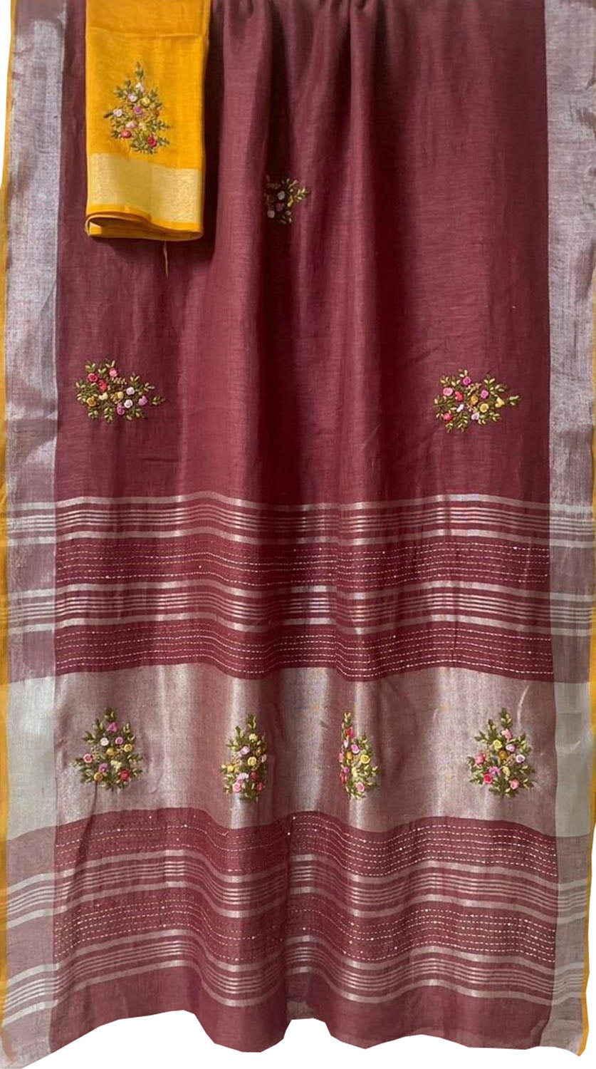 Maroon And Yellow Pure Linen French Knot Embroidered Saree - Luxurion World