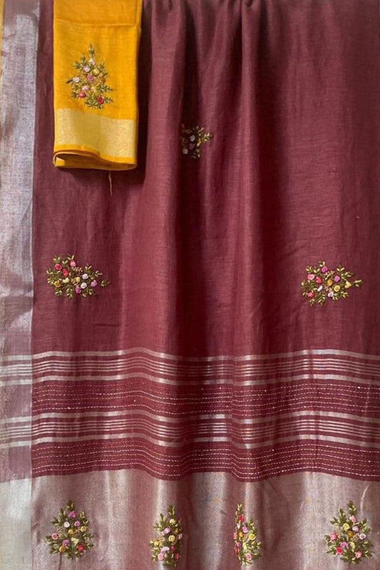 Maroon And Yellow Pure Linen French Knot Embroidered Saree
